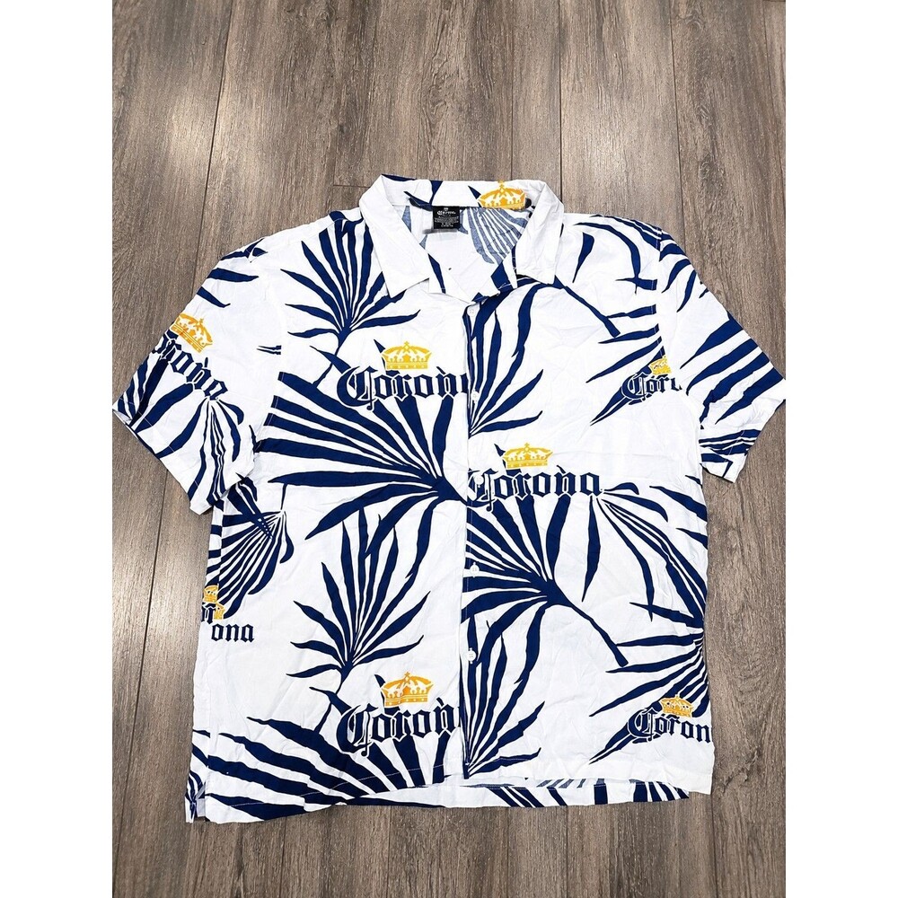 Corona Extra Mens 2XL Hawaiian Shirt White Blue Palm Leaf Rayon Beer Aloha